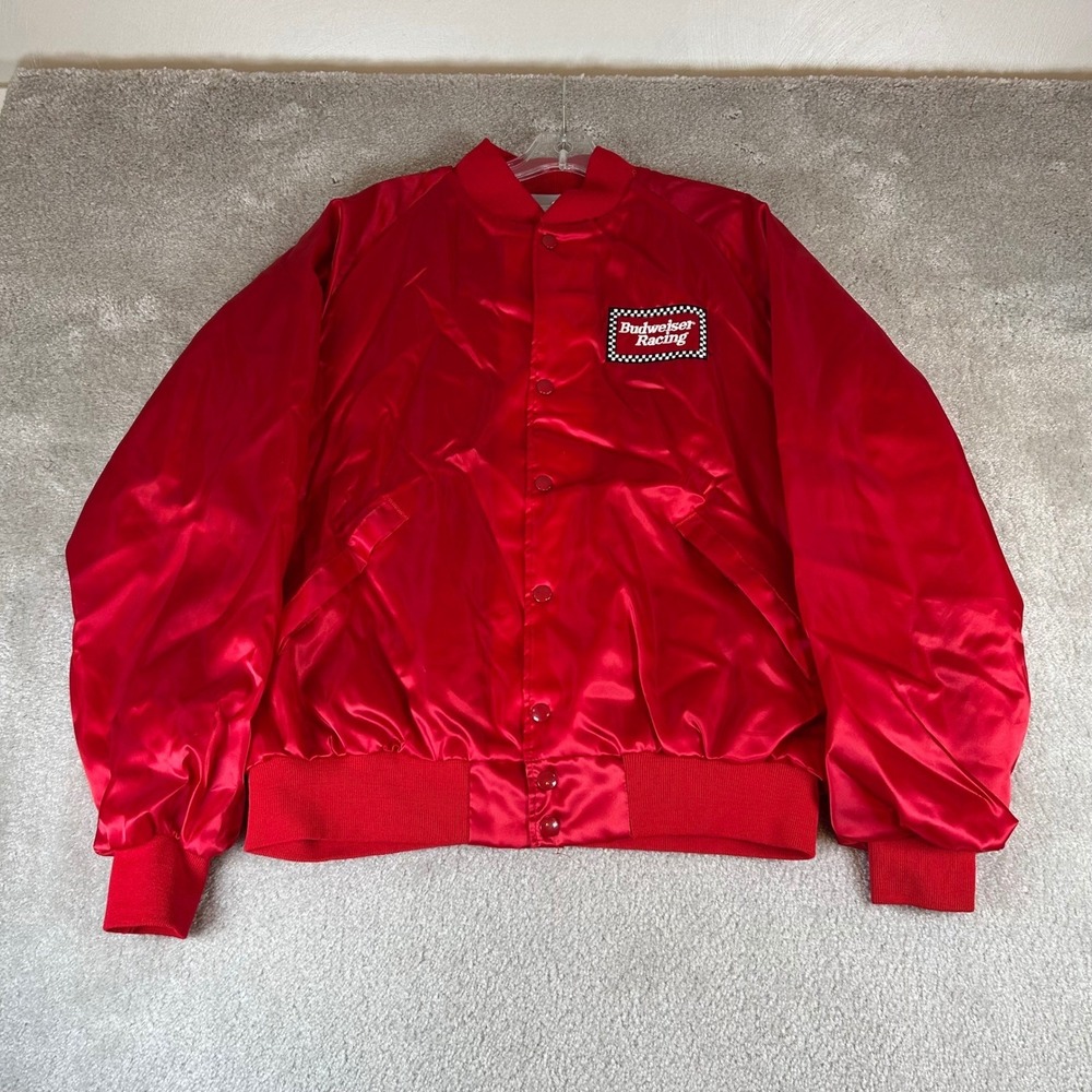 Vintage 80s Budweiser Racing Jacket Mens XL Red Bill Elliott 11 Satin Bomber USA